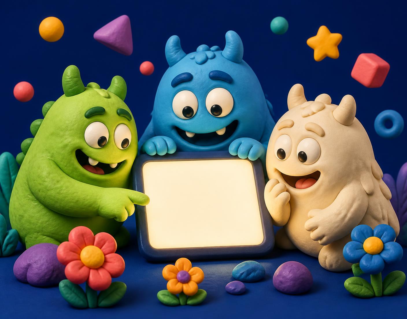 Three friendly clay monsters gathered around a glowing tablet